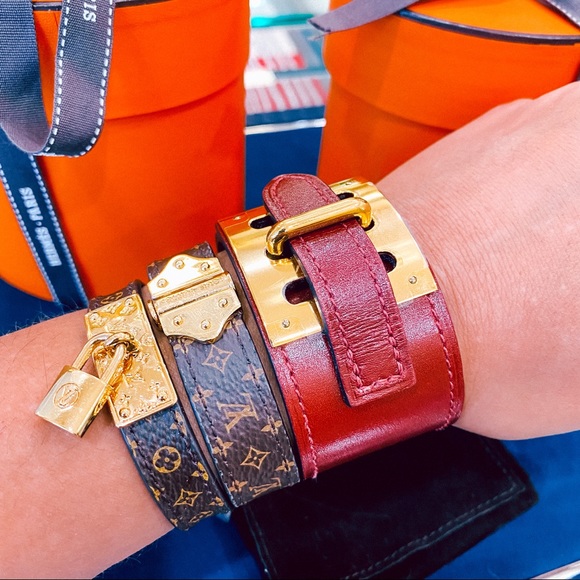 HERMES Rouge H Box Leather Gold Plated Intense cuff Bracelet Small - Picture 12 of 12